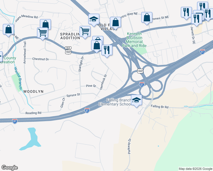 map of restaurants, bars, coffee shops, grocery stores, and more near 405 Huff Heritage Lane in Christiansburg
