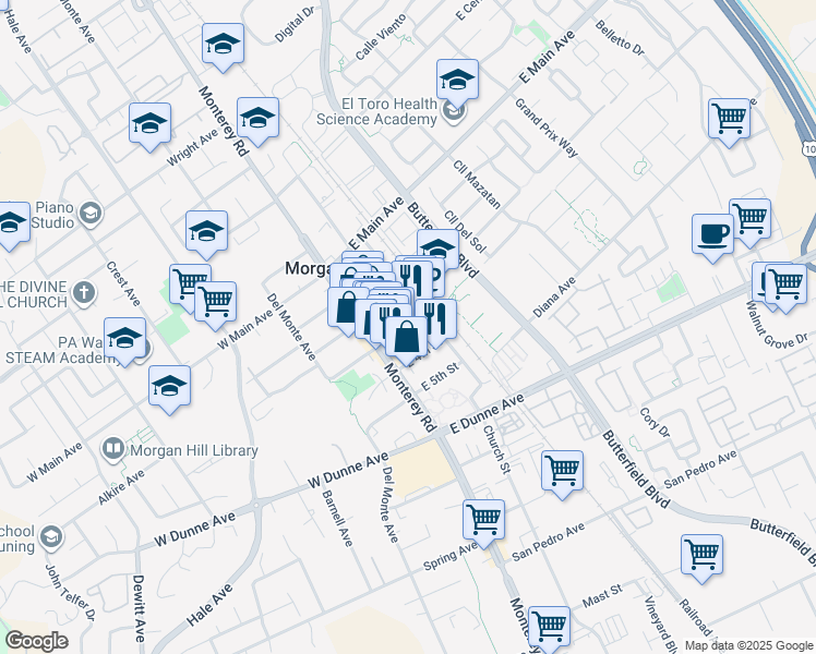 map of restaurants, bars, coffee shops, grocery stores, and more near 55 East 4th Street in Morgan Hill