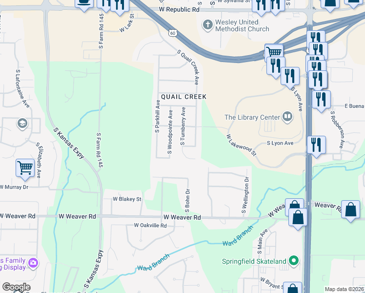 map of restaurants, bars, coffee shops, grocery stores, and more near 4720 South Turnberry Avenue in Springfield