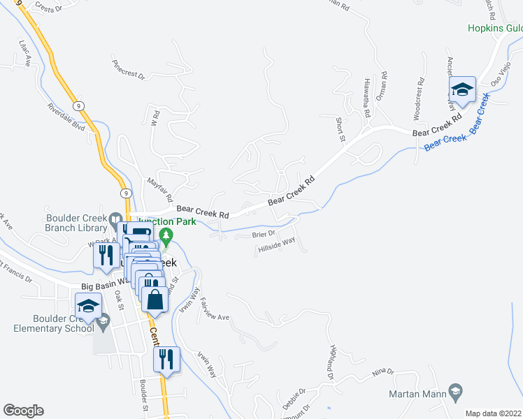 map of restaurants, bars, coffee shops, grocery stores, and more near 13896 Bear Creek Road in Boulder Creek