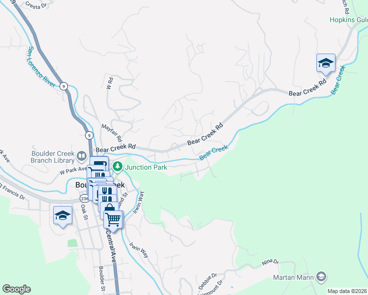 map of restaurants, bars, coffee shops, grocery stores, and more near 13896 Bear Creek Road in Boulder Creek