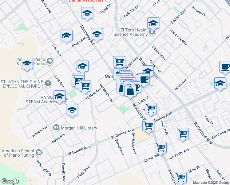 map of restaurants, bars, coffee shops, grocery stores, and more near 84 West 2nd Street in Morgan Hill