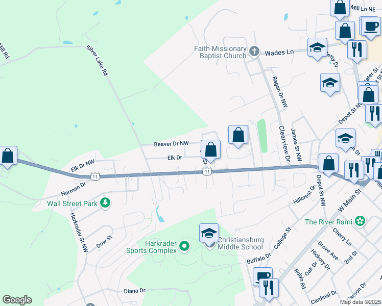 map of restaurants, bars, coffee shops, grocery stores, and more near 940 Elk Drive in Christiansburg