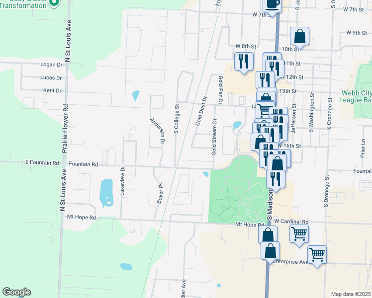 map of restaurants, bars, coffee shops, grocery stores, and more near Frisco Greenway in Webb City
