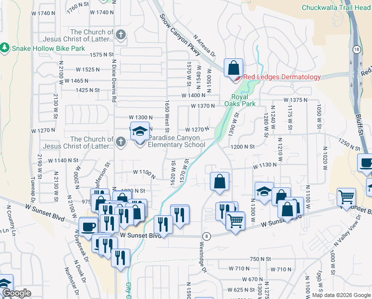 map of restaurants, bars, coffee shops, grocery stores, and more near 1555 North 1510 West in St. George
