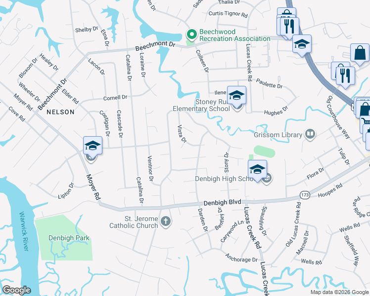 map of restaurants, bars, coffee shops, grocery stores, and more near 137 Clifton Court in Newport News