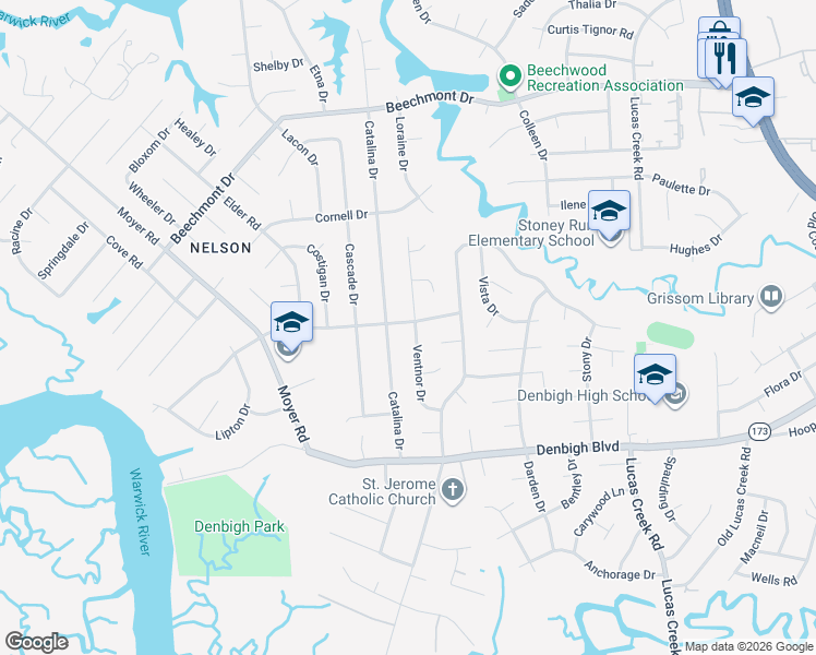 map of restaurants, bars, coffee shops, grocery stores, and more near 831 Ventnor Drive in Newport News
