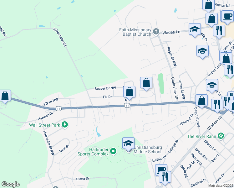 map of restaurants, bars, coffee shops, grocery stores, and more near 940 Elk Drive in Christiansburg