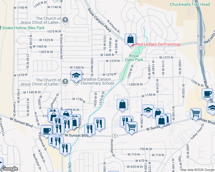 map of restaurants, bars, coffee shops, grocery stores, and more near 1194 North 1560 West Circle in St. George