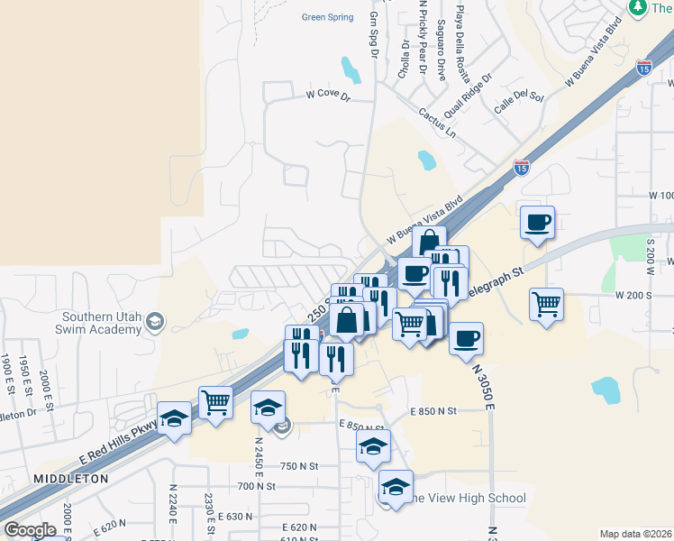 map of restaurants, bars, coffee shops, grocery stores, and more near 1150 West Red Hills Parkway in Washington