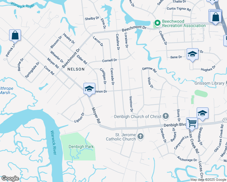 map of restaurants, bars, coffee shops, grocery stores, and more near Cascade Drive in Newport News