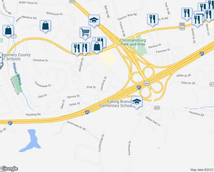 map of restaurants, bars, coffee shops, grocery stores, and more near 290 Huff Heritage Lane in Christiansburg