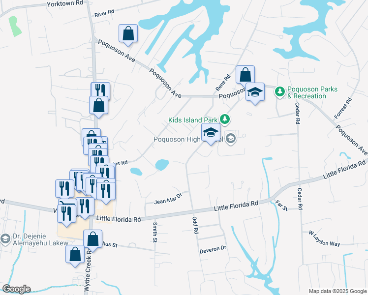 map of restaurants, bars, coffee shops, grocery stores, and more near 37 Terrace Drive in Poquoson