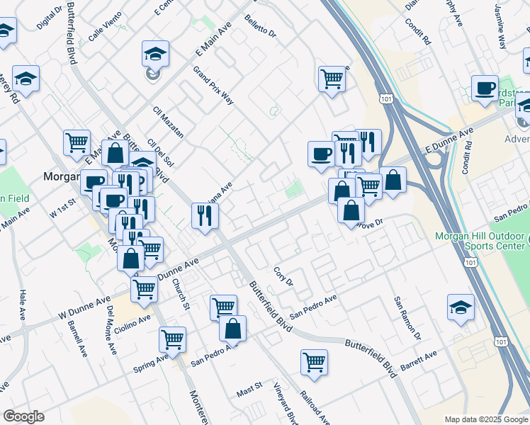 map of restaurants, bars, coffee shops, grocery stores, and more near 434 Creekside Lane in Morgan Hill