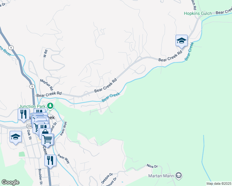 map of restaurants, bars, coffee shops, grocery stores, and more near 160 Nellie Lane in Boulder Creek