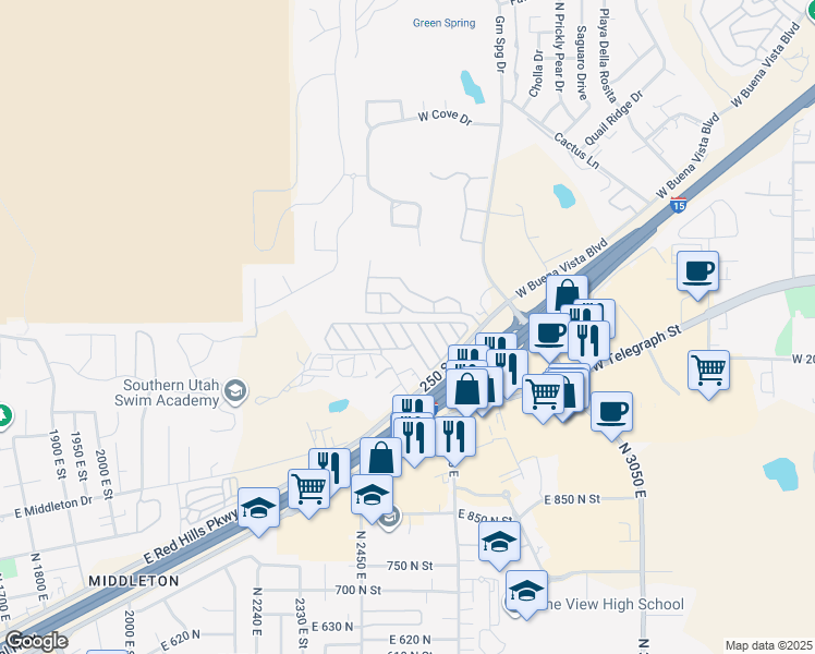 map of restaurants, bars, coffee shops, grocery stores, and more near 1050 West Red Hills Parkway in Washington