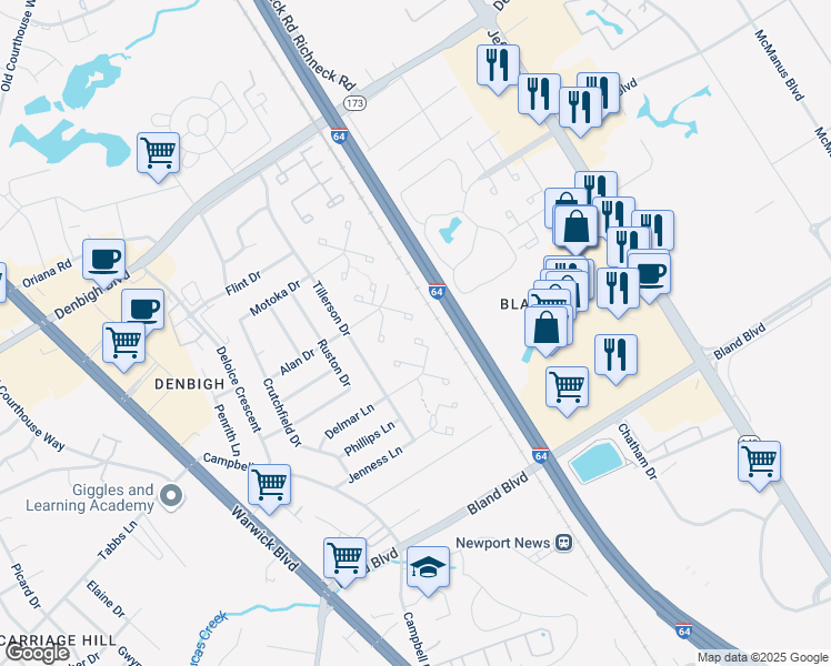 map of restaurants, bars, coffee shops, grocery stores, and more near in Newport News