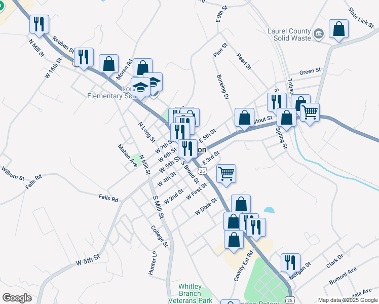 map of restaurants, bars, coffee shops, grocery stores, and more near U.S. 25 in London