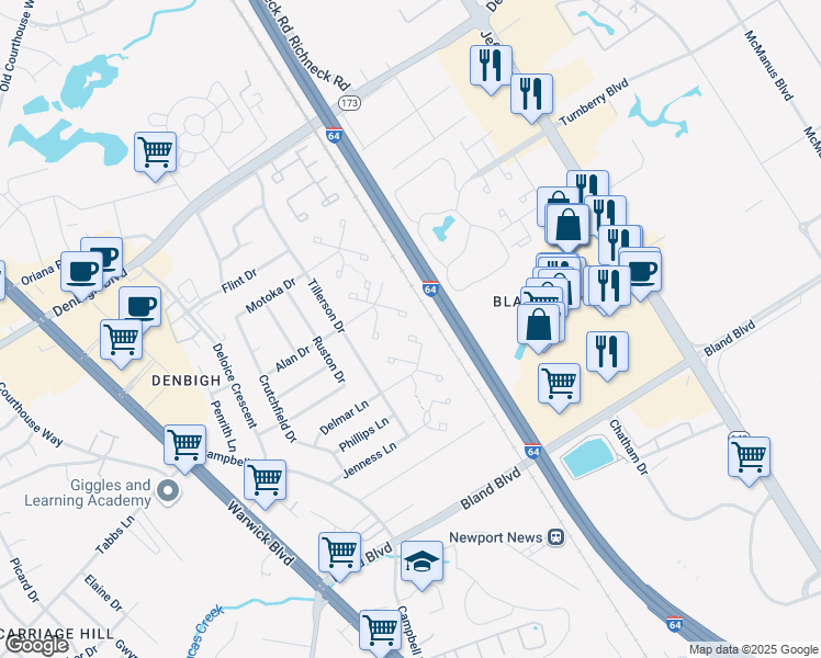map of restaurants, bars, coffee shops, grocery stores, and more near in Newport News