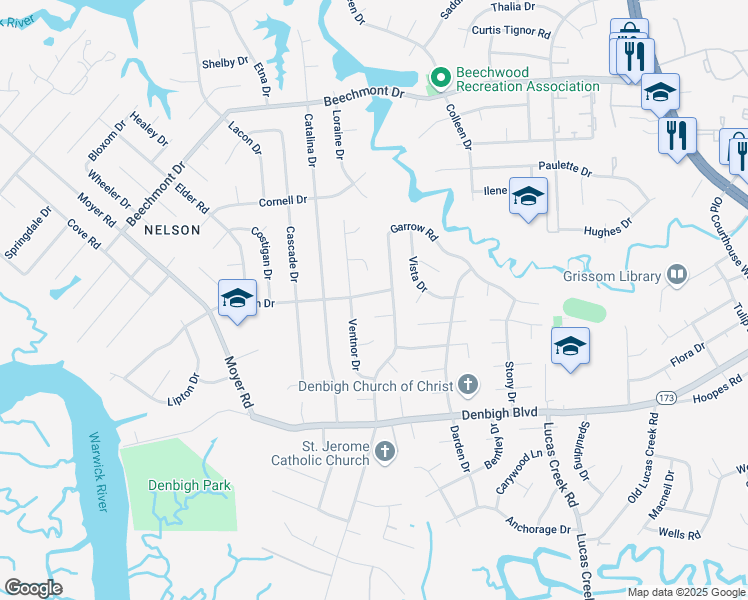 map of restaurants, bars, coffee shops, grocery stores, and more near 839 Garrow Road in Newport News