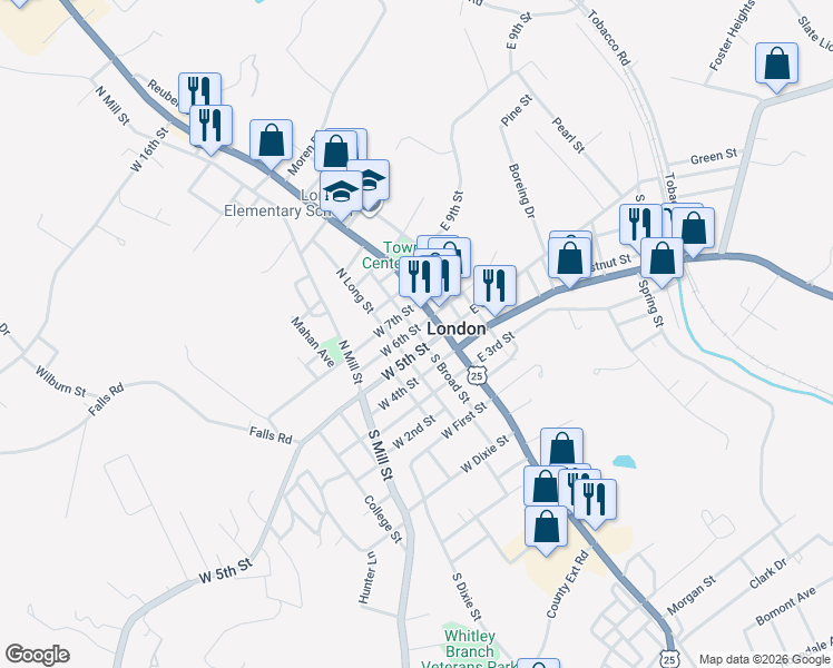 map of restaurants, bars, coffee shops, grocery stores, and more near 305 North Broad Street in London
