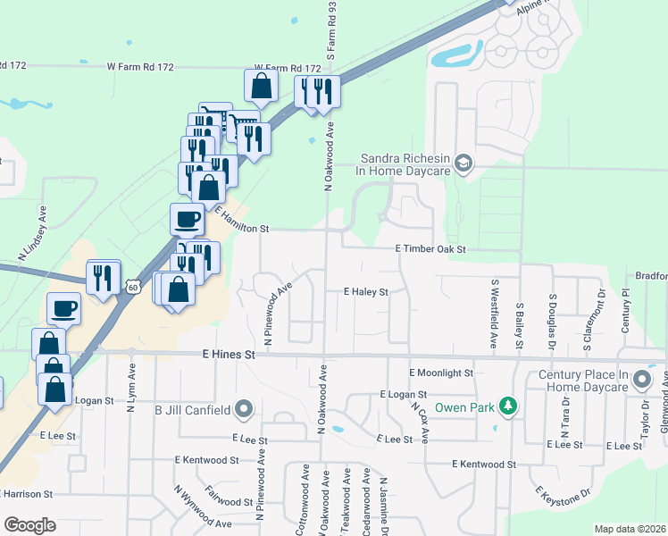 map of restaurants, bars, coffee shops, grocery stores, and more near 4685 South Farm Road 93 in Republic