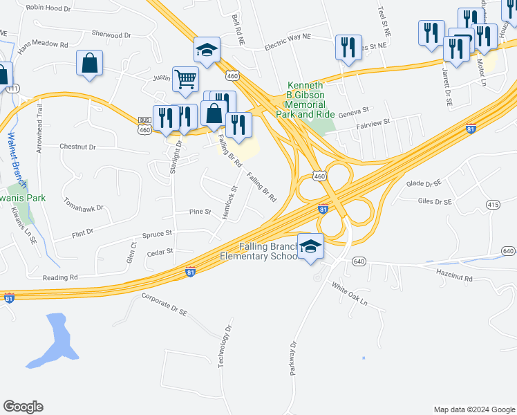 map of restaurants, bars, coffee shops, grocery stores, and more near 135 Kitty Lane in Christiansburg