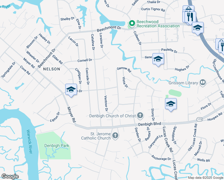 map of restaurants, bars, coffee shops, grocery stores, and more near 839 Garrow Road in Newport News