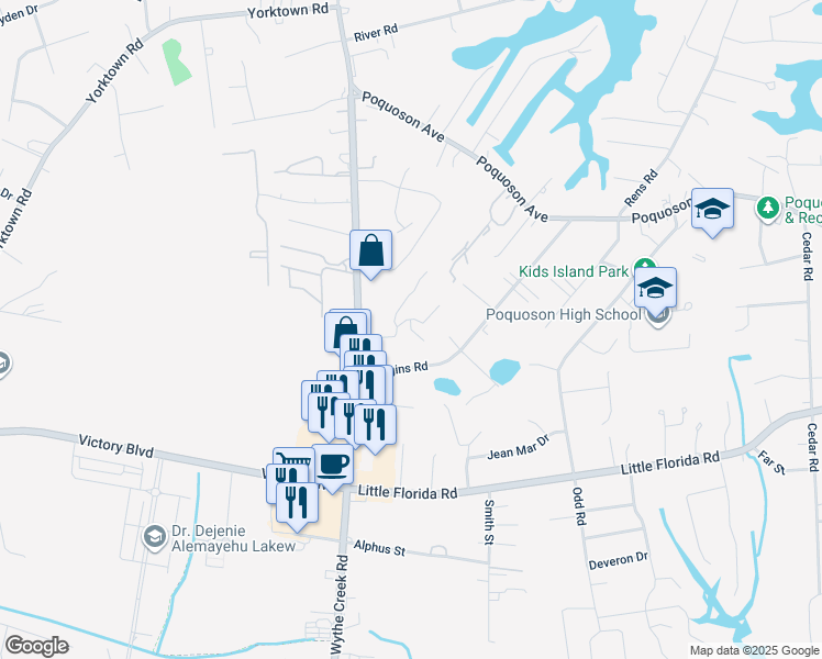 map of restaurants, bars, coffee shops, grocery stores, and more near 7 Franklin Road in Yorktown