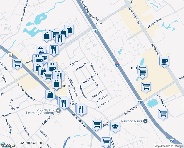 map of restaurants, bars, coffee shops, grocery stores, and more near 174 Ruston Drive in Newport News