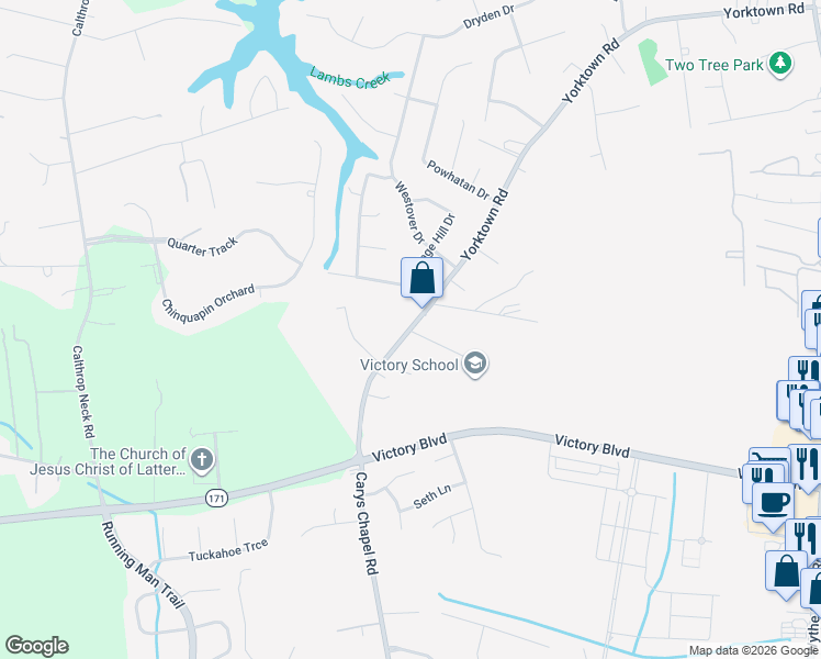 map of restaurants, bars, coffee shops, grocery stores, and more near 716 East Yorktown Road in Yorktown