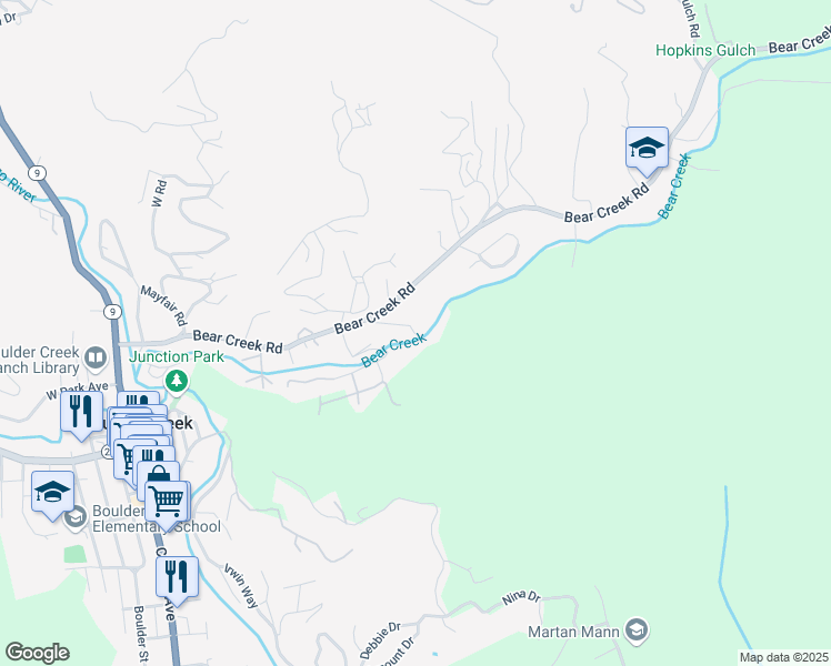 map of restaurants, bars, coffee shops, grocery stores, and more near 160 Nellie Lane in Boulder Creek