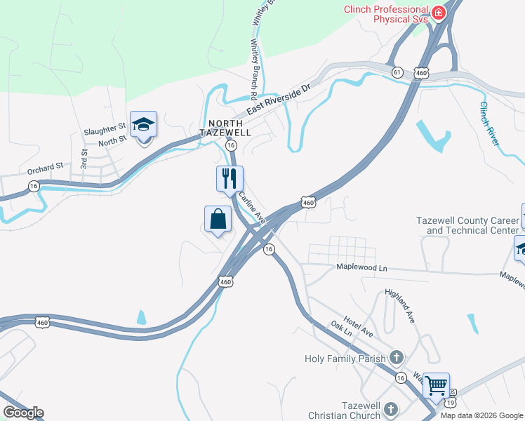 map of restaurants, bars, coffee shops, grocery stores, and more near Fudge Road in Tazewell