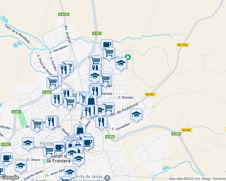 map of restaurants, bars, coffee shops, grocery stores, and more near 66 Calle Málaga in Morón de la Frontera
