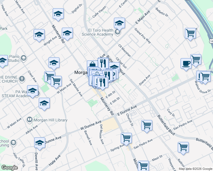 map of restaurants, bars, coffee shops, grocery stores, and more near 17305 Depot Street in Morgan Hill