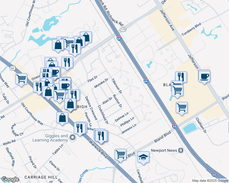map of restaurants, bars, coffee shops, grocery stores, and more near 174 Ruston Drive in Newport News