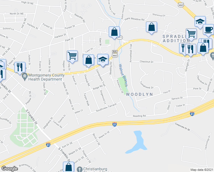 map of restaurants, bars, coffee shops, grocery stores, and more near 250 Chinquapin Trail in Christiansburg