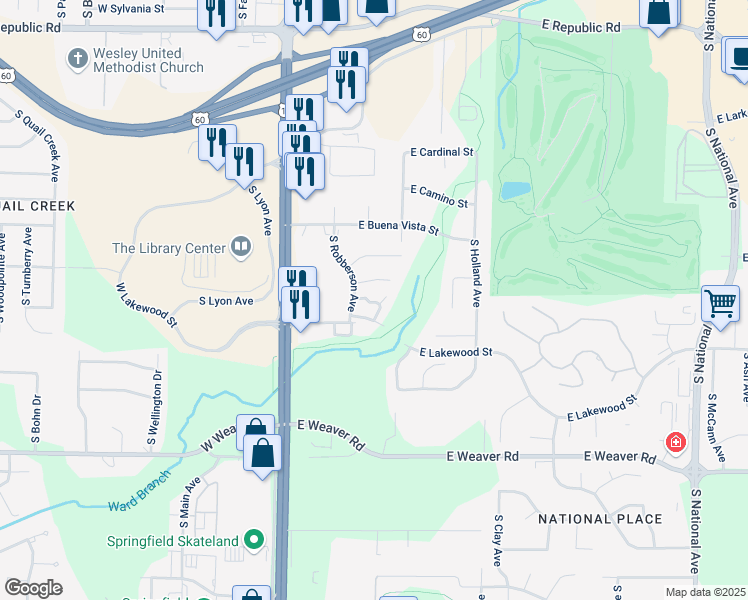 map of restaurants, bars, coffee shops, grocery stores, and more near 308 East Lafayette Street in Springfield