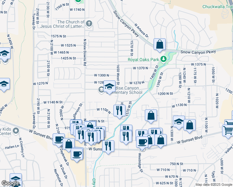map of restaurants, bars, coffee shops, grocery stores, and more near 1662 1190 North Circle in St. George