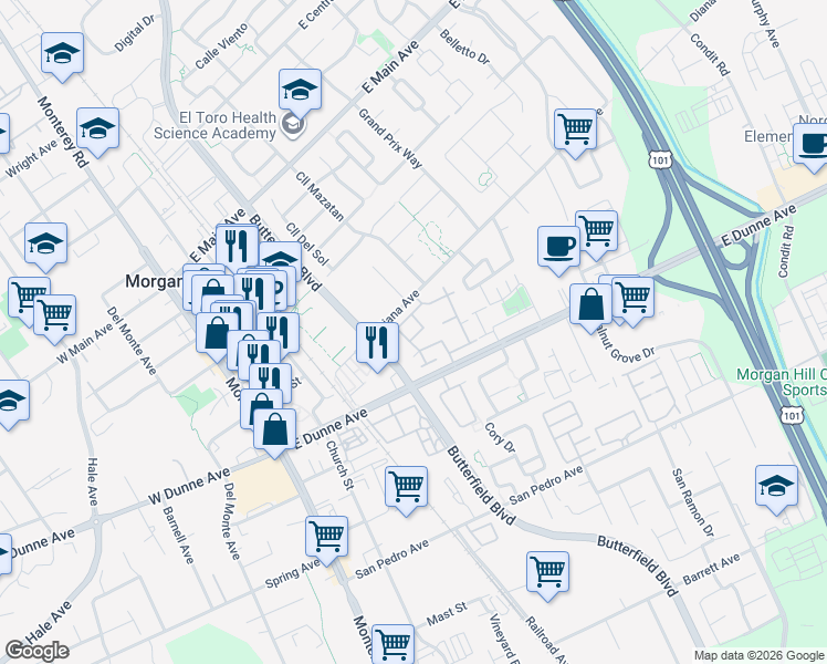 map of restaurants, bars, coffee shops, grocery stores, and more near 371 Creekview Drive in Morgan Hill