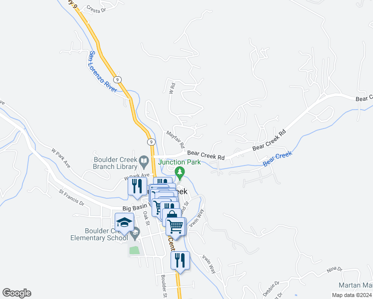 map of restaurants, bars, coffee shops, grocery stores, and more near 110 Mayfair Road in Boulder Creek