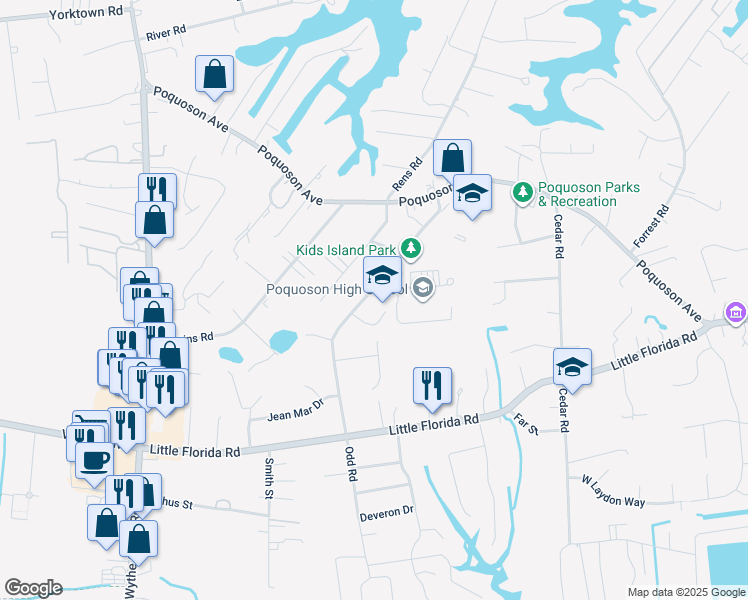 map of restaurants, bars, coffee shops, grocery stores, and more near 53 Odd Road in Poquoson