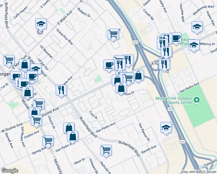 map of restaurants, bars, coffee shops, grocery stores, and more near 640 East Dunne Avenue in Morgan Hill