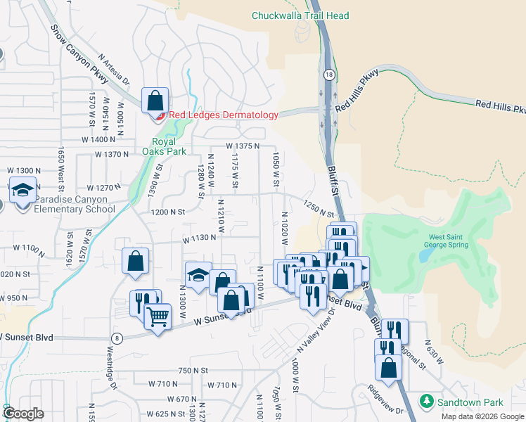 map of restaurants, bars, coffee shops, grocery stores, and more near 1202 North 1100 West in St. George