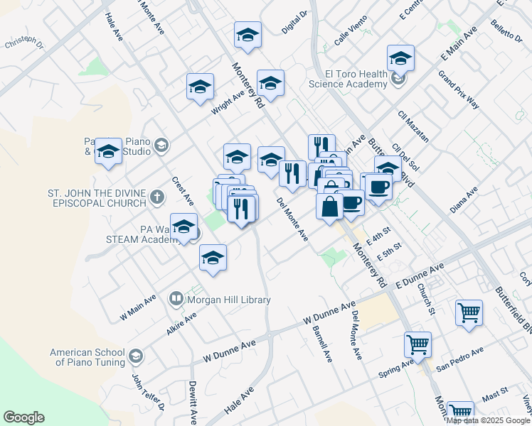 map of restaurants, bars, coffee shops, grocery stores, and more near 145 West Main Avenue in Morgan Hill