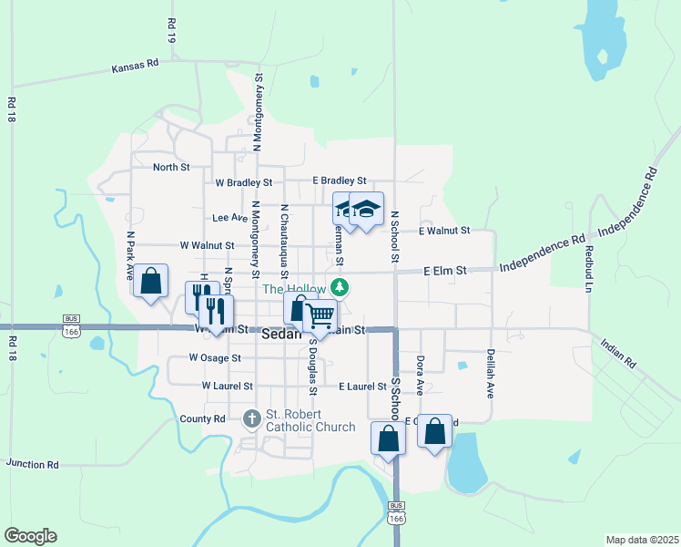 map of restaurants, bars, coffee shops, grocery stores, and more near 404 Sherman Street in Sedan