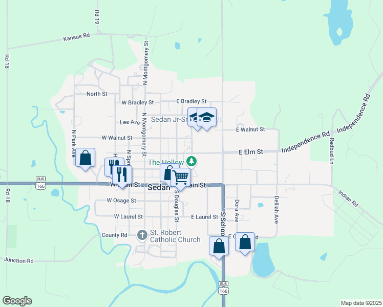 map of restaurants, bars, coffee shops, grocery stores, and more near 404 Sherman Street in Sedan