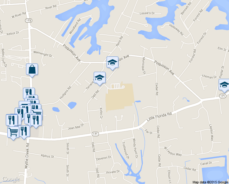 map of restaurants, bars, coffee shops, grocery stores, and more near 51 Odd Road in Poquoson