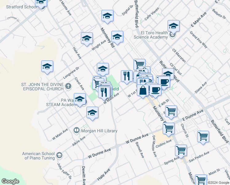 map of restaurants, bars, coffee shops, grocery stores, and more near 145 West Main Avenue in Morgan Hill