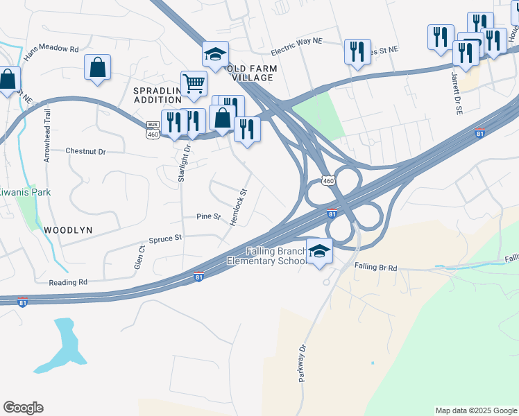 map of restaurants, bars, coffee shops, grocery stores, and more near 225 Huff Heritage Lane in Christiansburg
